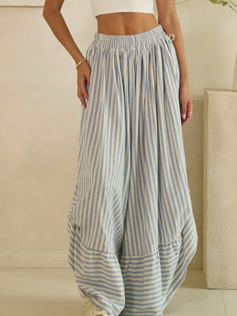 Oli & Hali Striped print Stretchy Waist Gathered Detail Wide leg Pants - Picture 7 of 8